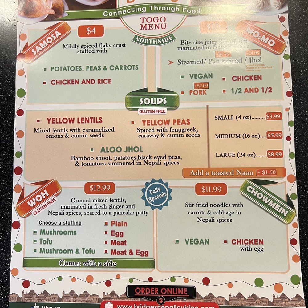 Bridges Nepali Cuisine - Northside - Menu - Himalayan/Nepalese Near Me - Cincinnati, Ohio Bridges Nepali Cuisine - Northside - Menu - Himalayan/Nepalese Near Me - Cincinnati, Ohio
