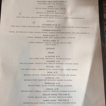 Oso - Main menu, besides the drink menu. Its only one sheet of paper, on the front side (only). Chips, salads and tacos. - Mexican Near Me - New York, New York