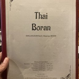 Thai Boran. Front of menu. Thai Boran. Front of menu.