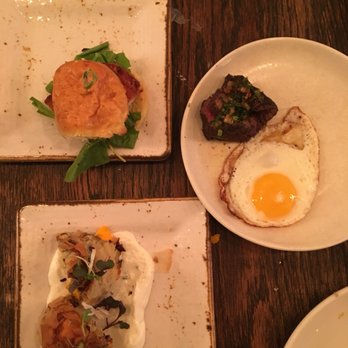 AMBAR Restaurant, Capitol Hill - Clockwise from top left, Fried Chicken Sandwich, Steak & Egg, Meat Pie - Modern European Near Me - Washington, DC, District of Columbia