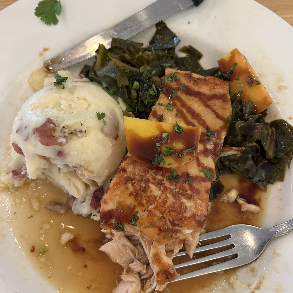 Juniper on Main - Peach and balsamic glazed salmon with collard greens and redskin mashed potatoes - Southern Near Me - Carmel, Indiana Juniper on Main - Peach and balsamic glazed salmon with collard greens and redskin mashed potatoes - Southern Near Me - Carmel, Indiana
