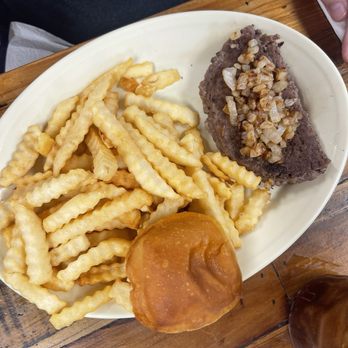 Pam's Restaurant & Coffee Shop - Hamburger steak with onions and crinkled cut fries - Diners Near Me - Granbury, Texas