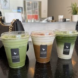 Caffeine Society - Left to right: Foam matcha latte w/ oat milk, sea salt iced phin, iced matcha latte