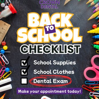 Crown Dental - Backpack?
School supplies?
Healthy smile? Let's check that off! - General Dentistry Near Me - Mineral Wells, Texas Crown Dental - Backpack?
School supplies?
Healthy smile? Let's check that off! - General Dentistry Near Me - Mineral Wells, Texas