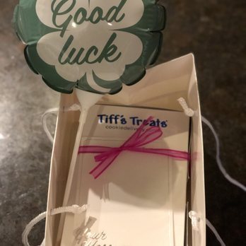 Tiff's Treats - Delivery presentation with good luck balloon - Desserts Near Me - Dallas, Texas Tiff's Treats - Delivery presentation with good luck balloon - Desserts Near Me - Dallas, Texas
