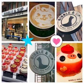 Bibble & Sip - Storefront + Alpaca Latte Art from Gary + B&S Logo + Display of Desserts + Another View of B&S Logo + Lucky Pig Cake - Coffee & Tea Near Me - New York, New York Bibble & Sip - Storefront + Alpaca Latte Art from Gary + B&S Logo + Display of Desserts + Another View of B&S Logo + Lucky Pig Cake - Coffee & Tea Near Me - New York, New York