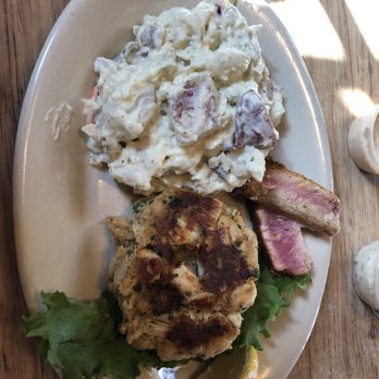 Yorktown Pub - Crab cake with potato salad and seared tuna slices from the appetizer. All very good. - Pubs Near Me - Yorktown, Virginia Yorktown Pub - Crab cake with potato salad and seared tuna slices from the appetizer. All very good. - Pubs Near Me - Yorktown, Virginia