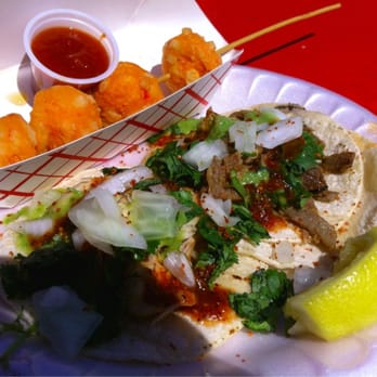 Oxnard Salsa Festival - Chorizo Taco & Asada Taco from Oaxaca Tacos. Lobster Balls Skewer from Fish & Chips vendor. - Festivals Near Me - Oxnard, California
