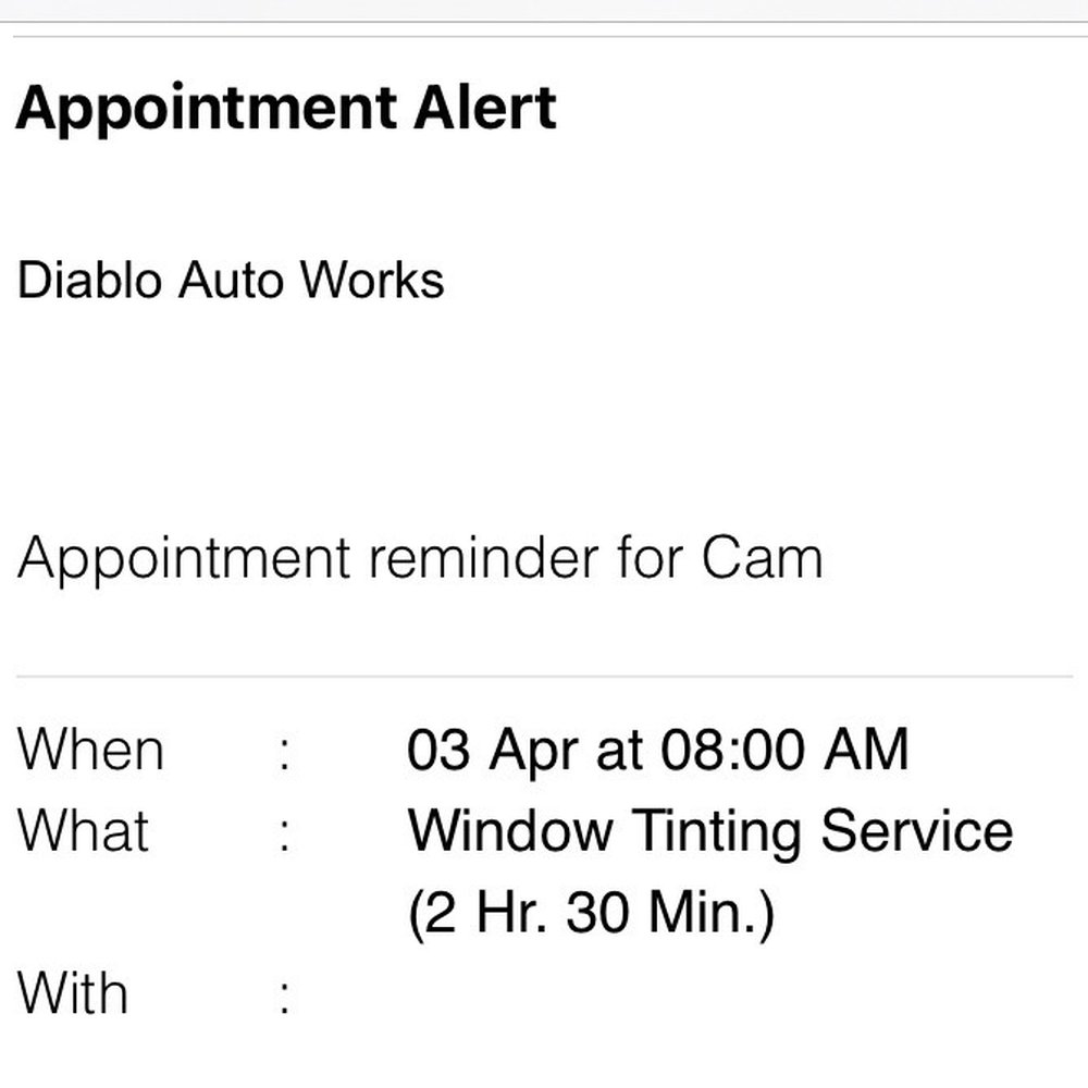 Confirmation email from the shop for my appointment