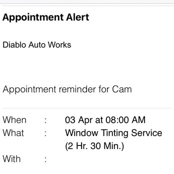 Diablo Auto Works - Confirmation email from the shop for my appointment - Auto Glass Services Near Me - Lafayette, California Diablo Auto Works - Confirmation email from the shop for my appointment - Auto Glass Services Near Me - Lafayette, California