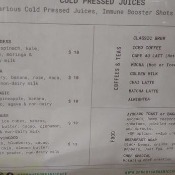 Sprouts Organic Cafe - Menu. Chef's special is likely rice & beans / chili - Cafes Near Me - New Orleans, Louisiana