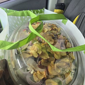 Panera Bread - A plastic container with a salad, topped with dried apple chips and sliced onions, is placed on a car seat next to a green tote bag. - Sandwiches Near Me - Columbia, Maryland
