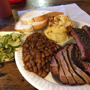 Roegels Barbecue - Brisket, ribs, beans, and loaded mash potatoes.  Meat has lots of Pepper. - Barbeque Near Me - Houston, Texas