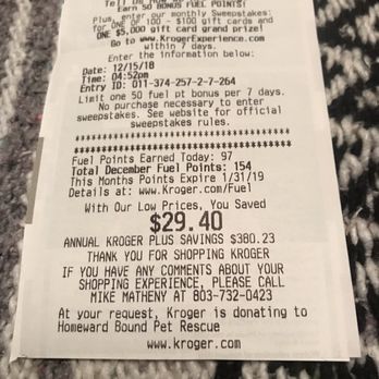 Kroger - a receipt for a kroger restaurant - Grocery Near Me - Irmo, South Carolina Kroger - a receipt for a kroger restaurant - Grocery Near Me - Irmo, South Carolina