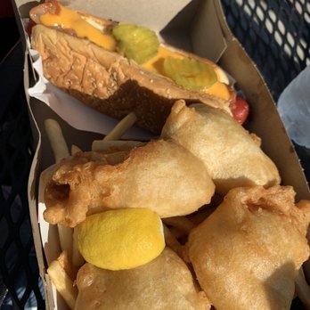 Coney Island West - Bacon & cheese hot dog with fish and chips - Burgers Near Me - Avalon, California Coney Island West - Bacon & cheese hot dog with fish and chips - Burgers Near Me - Avalon, California