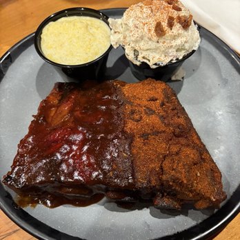 Corky's BBQ - Half and half ribs, White Cheddar Cheese Grits, Twice Baked Potato Salad - Barbeque Near Me - Cordova, Tennessee