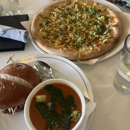 Turkey Burger, tomato soup, Thai chicken pizza Turkey Burger, tomato soup, Thai chicken pizza
