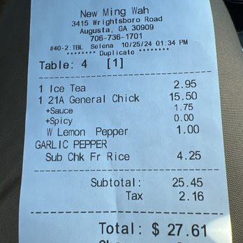 New Ming Wah Restaurant - Receipt - Chinese Near Me - Augusta, Georgia