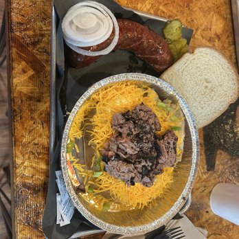 Brendyn's BBQ - Loaded Spud with brisket and sausage on the side. - Barbeque Near Me - Nacogdoches, Texas Brendyn's BBQ - Loaded Spud with brisket and sausage on the side. - Barbeque Near Me - Nacogdoches, Texas