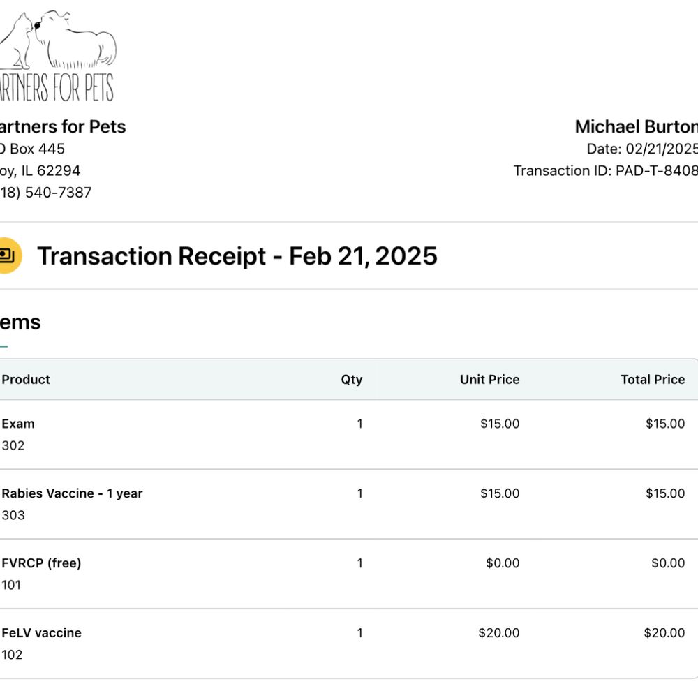Partners For Pets - This is the receipt showing where I was overcharged according to their price guide. - Animal Shelters Near Me - St. Jacob, Illinois