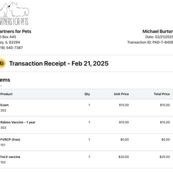 Partners For Pets - This is the receipt showing where I was overcharged according to their price guide. - Animal Shelters Near Me - St. Jacob, Illinois
