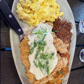 Fairview Farmers - chicken fried chicken with scrambled eggs eggs and hasbrown - Breakfast & Brunch Near Me - Fairview, Texas