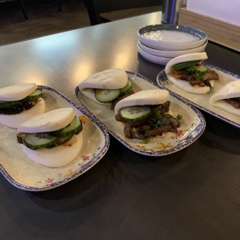 Kujira - (Left to right) Eggplant Bun (B5), Beef Bun (B2), and Pork Bun (B1) - Ramen Near Me - Fort Collins, Colorado