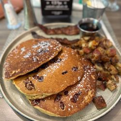 The Grey Goose - Sweet Potato Praline Pecan Pancakes, Sweet Potato Sausage Hash and bacon