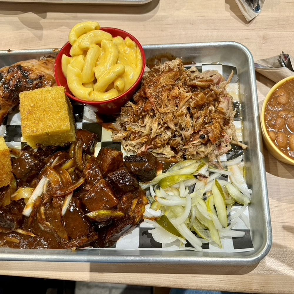 Boo And Henrys - 3 Meat plate - BBQ chicken, burnt ends, & pulled pork. Mac & cheese & beans as sides. - Barbeque Near Me - Scottsdale, Arizona