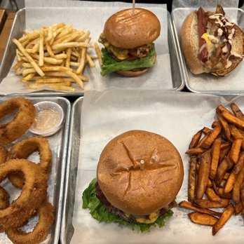 Basic Burger - What a friend and I ordered. Big Double Cheeseburger - Basic Bacon Cheeseburger - Sweet Potato Fries - Regular Signature Dog - Burgers Near Me - Vienna, Virginia