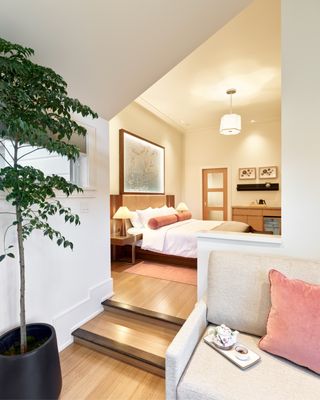 Aozora Suite - This room sleeps two on a king bed beneath a hand-painted silk screen and two on a sofa bed in the sitting room with vaulted ceilings and access to a private patio. You'll find a fireplace in the bedroom and in the sitting room. The bathroom has a large shower, double vanities, and large soaking tub with plenty of room for two.
565 square feet, sleeps 4.
