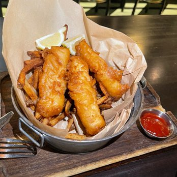 The General Public - Fish and chips. Normal price at $16. At $8 during the 11-3 lunch special. - New American Near Me - Houston, Texas