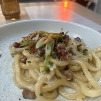 Social - Udon Carbonara (Udon Noodles, Miso Butter, ream, Egg Yolk, Guanciale, Pecorino) -ORDER THIS! (You will not be let down) - Cocktail Bars Near Me - Vancouver, British Columbia