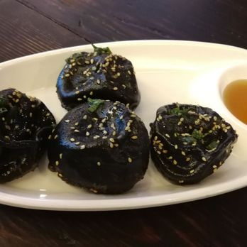 Bund Dumpling House - Pan-Fried Shrimp Soup Dumplings with Cuttlefish Ink Wrap.  Pretty good though don't expect the skin to cuttlefish flavor, more for color. - Dim Sum Near Me - Astoria, New York