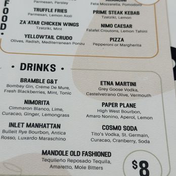 NiMo - Happy Hour Menu - A menu displays food items such as Cavatelli Bolognese, Arancini, Truffle Fries, Prime Steak Kebab, and drinks including Bramble G&T, Etna Martini, and Cosmo Soda. Prices are shown as $10 for food and $8 for drinks. The menu is organized with sections for food and drinks, with descriptions of ingredients and beverage details. - Salad Near Me - Tequesta, Florida