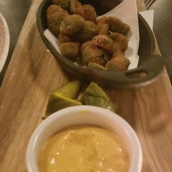 Hawthorne & Wood - Fried castelvetrano olives, rouille, bread and butter pickles - New American Near Me - Chapel Hill, North Carolina