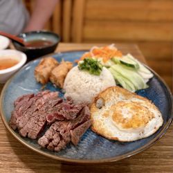 Que Viet - Cơm Tấm Bò Bít Tết: Broken Rice w/ ribeye, fried egg, fried shrimp tofu, salad | $25