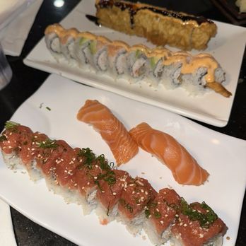Domo Sushi - bottom to top: Hawaiian Roll, Sake Nigiri, Tiger Roll, Tempura Sake Roll - Sushi Bars Near Me - Santee, California