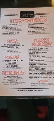 Menu photo 2 Tank N Taps Augusta, GA