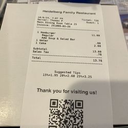 Heidelberg Family Restaurant - $13.78 for an entire meal including dessert.