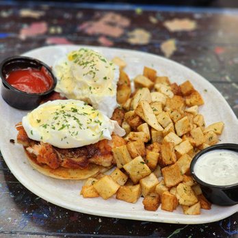 Sunset Rooftop - Eggs Benedict with salmon instead of ham. Dry, overcooked and bland. - Hookah Bars Near Me - Los Angeles, California Sunset Rooftop - Eggs Benedict with salmon instead of ham. Dry, overcooked and bland. - Hookah Bars Near Me - Los Angeles, California