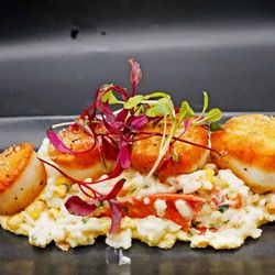 Tugboats at Hyannis Marina - Pan Seared Scallops over red pepper risotto!