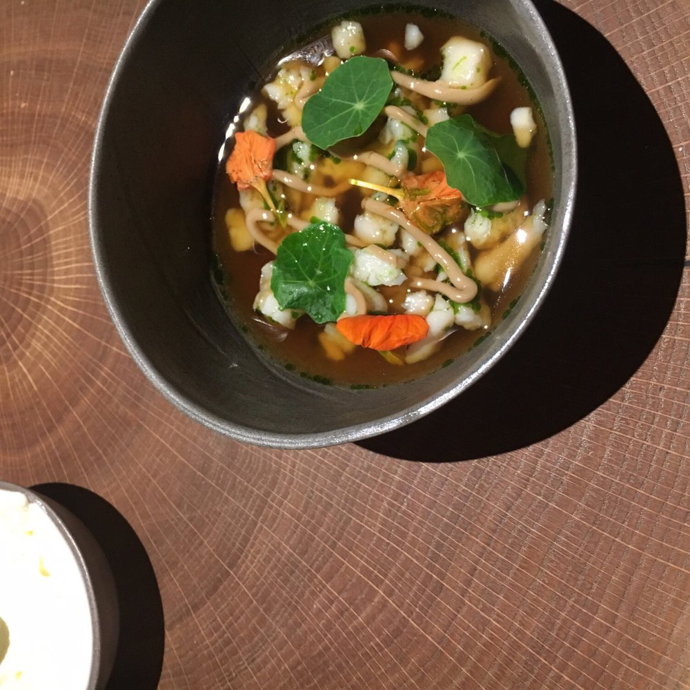 La Degustation Bohême Bourgeoise - Best dish ever---- smoked catfish bits in sweet broth. An elegant take on Japanese bonito flakes in soup - Czech Near Me - Prague, Puerto Rico