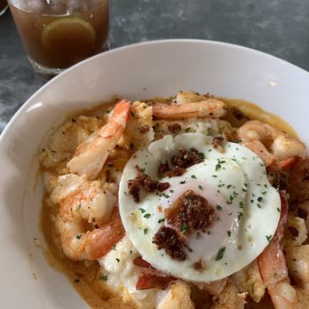 Dish Society - Shrimp and grits with Bloody Mary - New American Near Me - Houston, Texas
