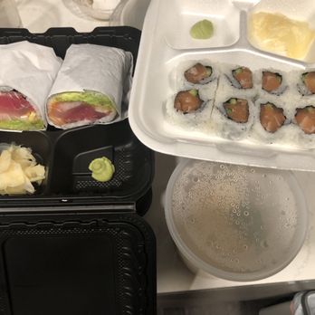 KimBob-Rex - Left is famous Sushi Rex Burrito & Right is maki ( salmon cut roll ) & R. down plastic container is Udon noodle with fried shrimp. - Sushi Bars Near Me - Glendale, California KimBob-Rex - Left is famous Sushi Rex Burrito & Right is maki ( salmon cut roll ) & R. down plastic container is Udon noodle with fried shrimp. - Sushi Bars Near Me - Glendale, California