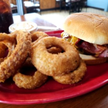 Ralphie's Sports Eatery - Onion rings (good!) and the disappointing chipotle BBQ bacon cheddar burger (overcooked, dry, nearly flavourless). - New American Near Me - Marion, Ohio Ralphie's Sports Eatery - Onion rings (good!) and the disappointing chipotle BBQ bacon cheddar burger (overcooked, dry, nearly flavourless). - New American Near Me - Marion, Ohio