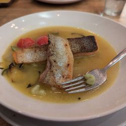 Fork & Ale - Pan-Seared Steelhead Trout: Basil lemon gnocchi (more like spätzle), local zucchini and tomato, elderflower butter sauce (more like a broth)