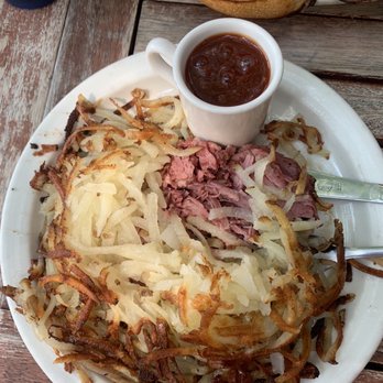 Smoke On The Water - Corn Beef Hash with house made spicy BBQ sauce. Sweet with just a hint of spice. Very good - American Near Me - Charlevoix, Michigan