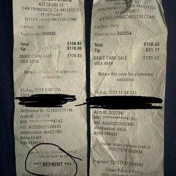Pinecrest Diner - Left is the "refund" receipt notice how the receipt doesn't say anything like refund yet is just a reprint? - Diners Near Me - San Francisco, California Pinecrest Diner - Left is the "refund" receipt notice how the receipt doesn't say anything like refund yet is just a reprint? - Diners Near Me - San Francisco, California