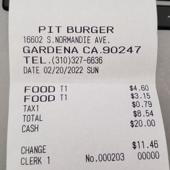 Pitburger - Receipt - Burgers Near Me - Gardena, California Pitburger - Receipt - Burgers Near Me - Gardena, California